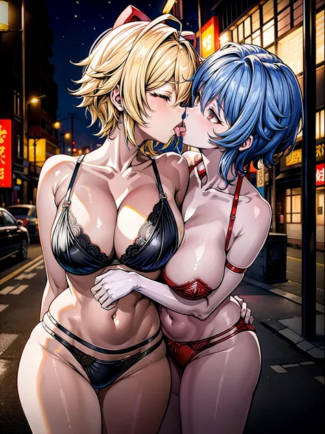 animesque、moe、adult  woman、Female sexy、two womens、Kissing between women、Licking each others tongues、huge tit、short-haired、a blond、an lingerie、Red underwear、In the street、midnight、rub ones breasts