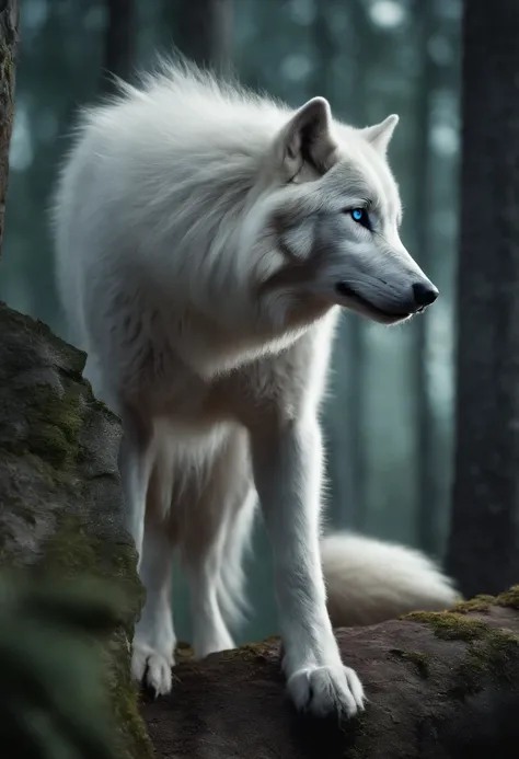 （２White Wolf King：1.5）, Elegant with blue and purple hair, (Solid white: 1.3), (Shining blue eyes), Delicate fur, Finely drawn face, sharpteeth, nice tail, Realistic Forest, Low contrast, (Medium and near focal lengths: 1.3), of the highest quality, Extrem...