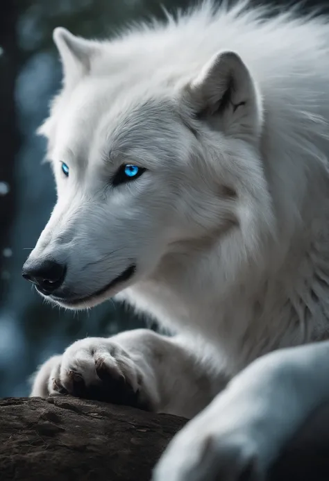 （２White Wolf King：1.5）, Elegant with blue and purple hair, (Solid white: 1.3), (Shining blue eyes), Delicate fur, Finely drawn face, sharpteeth, nice tail, Realistic Forest, Low contrast, (Medium and near focal lengths: 1.3), of the highest quality, Extrem...