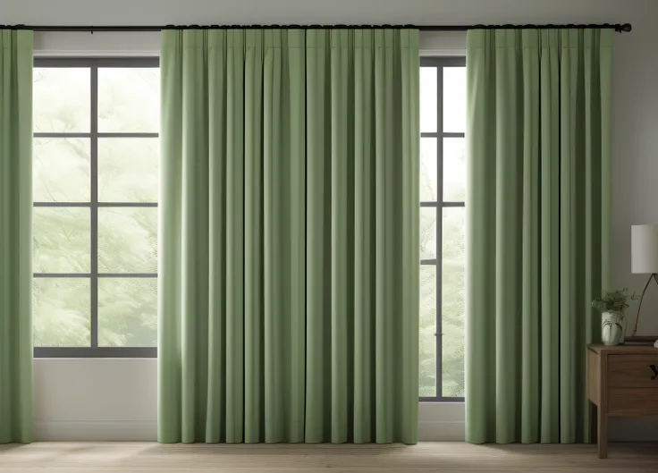 thick curtains, light green, interior, cozy, (side view), luminous lighting, (masterpiece),(high quality), best quality, real, (realistic), super detailed, (full detail),(4k),8k