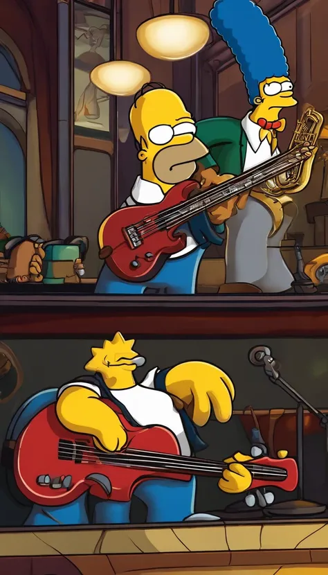 cafe shop，The Simpsons，Homer Simpson plays bass，homer simpson，dramatic lights，Dramatic colors，On stage，One guy，Play bass，The whole body of the character