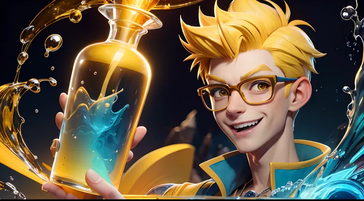 young man with yellow hair with quiff, wearing yellow glasses wearing a wizard clouth, holding a magic potion, in the water, happy expression, pixar disney cartoon style