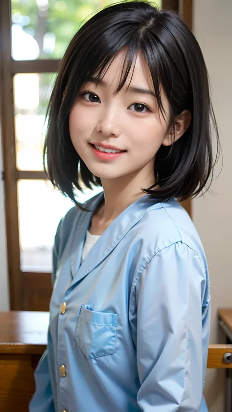 (1girl, 6 years old, Japanese elementary school student), look at viewer, school uniform, very cute face, detailed eye, black hair, medium bob hair, very cute smile, (BEST QUALITY, MASTERPIECE, ULTRA HIGH RESOLUTION, (PHOTOREALISTIC:1.4), RAW PHOTO, 8K)