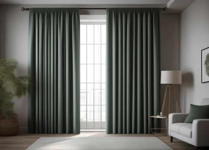 thick curtains, photo, deep green, interior, cozy, (side view), (masterpiece),(high quality), best quality, real, (realistic), super detailed, (full detail),(4k),8k