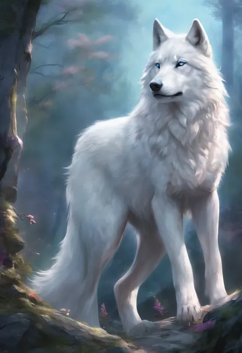 （２White Wolf King：1.5）, Elegant with blue and purple hair, (Solid white: 1.3), (Shining blue eyes), Delicate fur, Finely drawn face, sharpteeth, nice tail, Realistic Forest, Low contrast, (Medium and near focal lengths: 1.3), of the highest quality, Extrem...