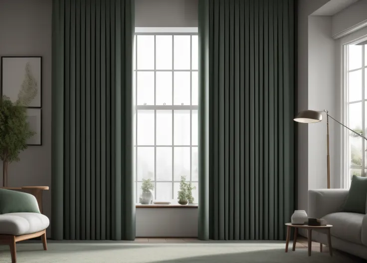 thick curtains, photo, dark green, interior, cozy, (side view), (masterpiece),(high quality), best quality, real, (realistic), super detailed, (full detail),(4k),8k