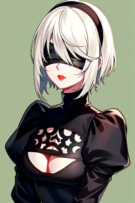 yorha no. 2 type b, 1girl, wlop, (blindfold), breasts, cleavage, cleavage cutout, clothing cutout, green background, hair between eyes, hairband, highres, juliet sleeves, long sleeves, nier (series), nier automata,  puffy sleeves, red lips, shaded face, sh...