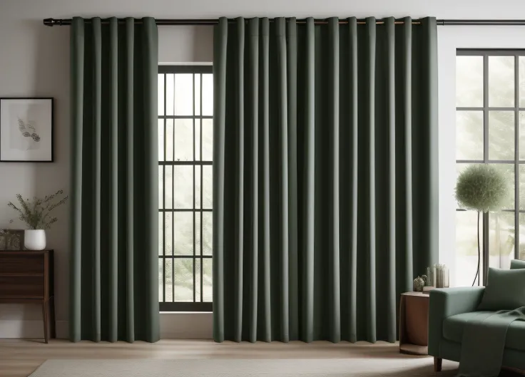 thick curtains, photo, deep green, interior, modern , (angled), (masterpiece),(high quality), best quality, real, (realistic), super detailed, (full detail),(4k),8k