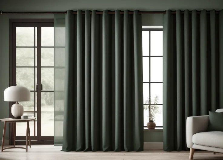 thick curtains, photo, dark green, interior, cozy, fashion, (masterpiece),(high quality), best quality, real, (realistic), super detailed, (full detail),(4k),8k