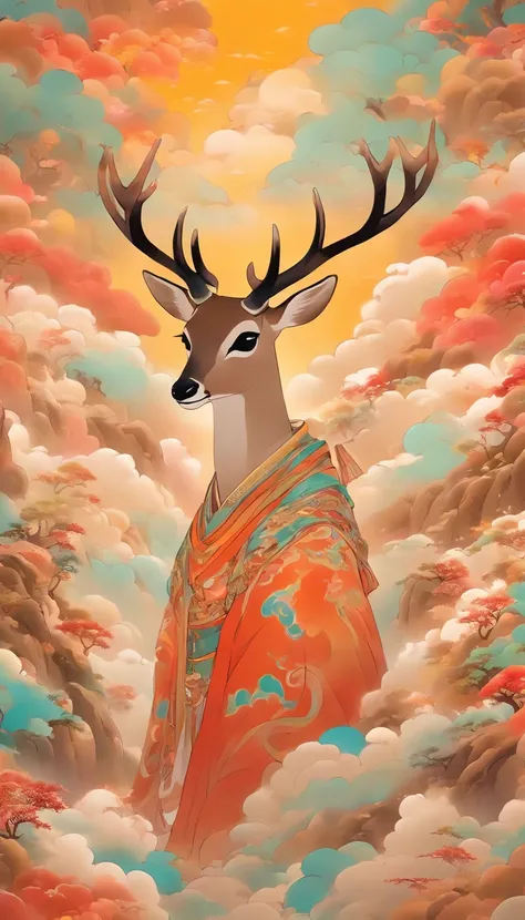 wall paintings，Ultra-high sharpness，Grandiose scenes，Colorful colorful，Bright colors，themoon，A multicolored sika deer in the center of the picture，One was dressed in a yellow silk Han suit，Beautiful woman wearing a golden round headdress，The facial feature...