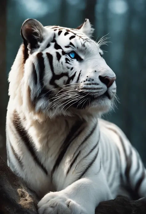 （２White Tiger King：1.5）, Elegant with gray hair,Stand strong， (Solid white: 1.3), (Shining blue eyes), Delicate fur, Finely drawn face, sharpteeth, nice tail, Realistic Forest, Low contrast, (Medium and near focal lengths: 1.3), of the highest quality, Ext...