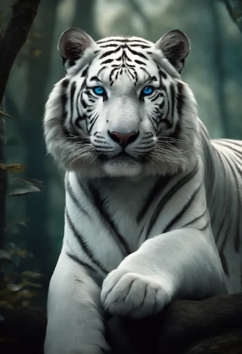 （２White Tiger King：1.5）, Elegant with gray hair,Stand strong， (Solid white: 1.3), (Shining blue eyes), Delicate fur, Finely drawn face, sharpteeth, nice tail, Realistic Forest, Low contrast, (Medium and near focal lengths: 1.3), of the highest quality, Ext...