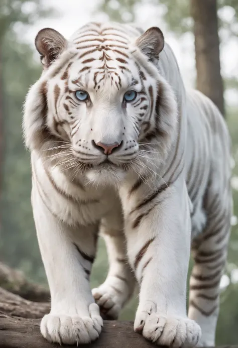 （２White Tiger King：1.5）, Elegant with gray hair,Stand strong， (Solid white: 1.3), (Shining blue eyes), Delicate fur, Finely drawn face, sharpteeth, nice tail, Realistic Forest, Low contrast, (Medium and near focal lengths: 1.3), of the highest quality, Ext...