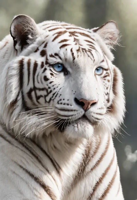 （２White Tiger King：1.5）, Elegant with gray hair,Stand strong， (Solid white: 1.3), (Shining blue eyes), Delicate fur, Finely drawn face, sharpteeth, nice tail, Realistic Forest, Low contrast, (Medium and near focal lengths: 1.3), of the highest quality, Ext...