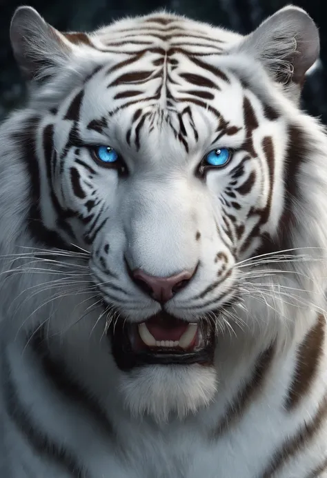 （２White Tiger King：1.5）, Elegant with gray hair,Stand strong， (Solid white: 1.3), (Shining blue eyes), Delicate fur, Finely drawn face, sharpteeth, nice tail, Realistic Forest, Low contrast, (Medium and near focal lengths: 1.3), of the highest quality, Ext...