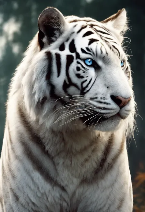 （２White Tiger King：1.5）, Elegant with gray hair,Stand strong， (Solid white: 1.3), (Shining blue eyes), Delicate fur, Finely drawn face, sharpteeth, nice tail, Realistic Forest, Low contrast, (Medium and near focal lengths: 1.3), of the highest quality, Ext...