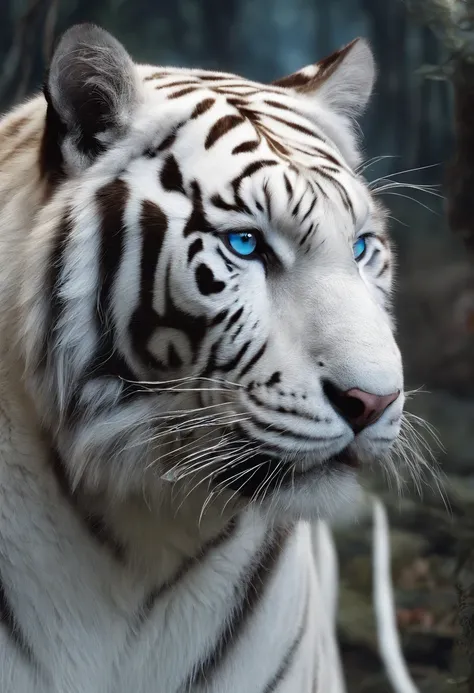 （２White Tiger King：1.5）, Elegant with gray hair,Stand strong， (Solid white: 1.3), (Shining blue eyes), Delicate fur, Finely drawn face, sharpteeth, nice tail, Realistic Forest, Low contrast, (Medium and near focal lengths: 1.3), of the highest quality, Ext...