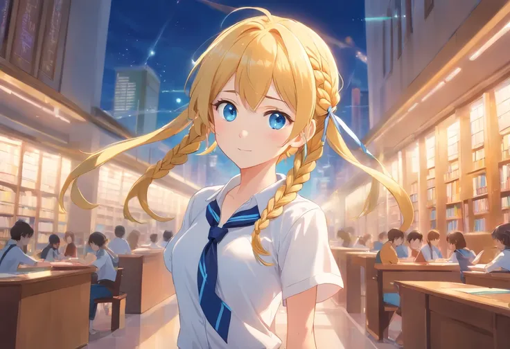 blue eyes, golden hair with braids above ears asymmetry, Shortcut Girl, Blue ribbon, Wearing a white shirt, thin ribbon at the neck, A slight smile, atlibrary, Buruaka style