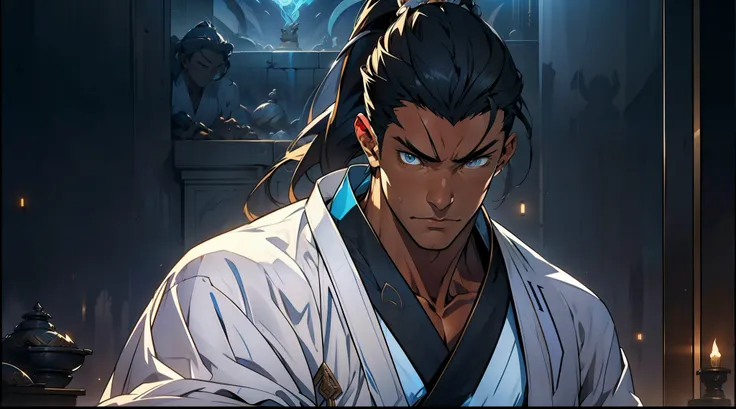 quadratic element，style of anime，mtu（Male Warrior），The proportions are correct，Face details，swordsmen，High ponytail hairstyle，Neck details，There is an Adams apple，White robe，kaftan，long white robe，clothes details，Handing over，longer sleeves，Game quality，Sw...