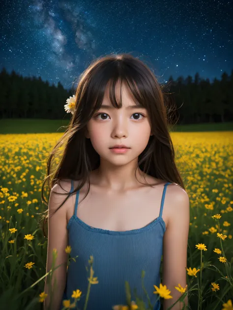 8K、12-year-old beautiful girl, length hair, starryskybackground、detailed beautiful faces、Camisole Dresses, flower  field、Night、Like a scene from a movie