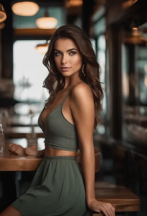 (Sonata Fletcher) arafed woman with a white tank top and a necklace, dining at a restaurant, sexy girl with green eyes, portrait sophie mudd, brown hair and large eyes, selfie of a young woman, bedroom eyes, violet myers, without makeup, natural makeup, lo...