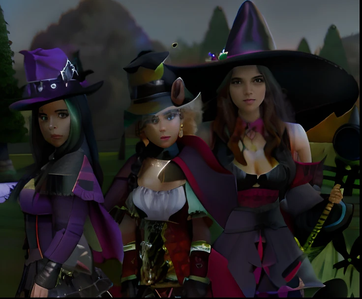 Three women dressed in costumes and hats standing in a field, Bruxas, roupas de bruxa, wearing a witchs hat, O Conselho das Cadelas Assustadoras, pose de spellcasting, Imagem do jogo, ferred - themed robes and hat, Witchy, vestes escuras de prupla, wearing...