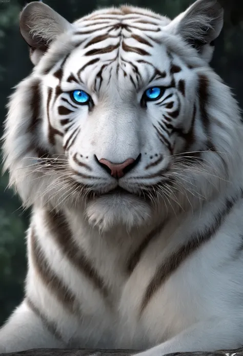 （２White Tiger King：1.5）, Elegant with gray hair,Stand strong， (Solid white: 1.3), (Shining blue eyes), Delicate fur, Finely drawn face, sharpteeth, nice tail, Realistic Forest, Low contrast, (Medium and near focal lengths: 1.3), of the highest quality, Ext...