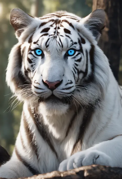 （２White Tiger King：1.5）, Elegant with gray hair,Stand strong， (Solid white: 1.3), (Shining blue eyes), Delicate fur, Finely drawn face, sharpteeth, nice tail, Realistic Forest, Low contrast, (Medium and near focal lengths: 1.3), of the highest quality, Ext...