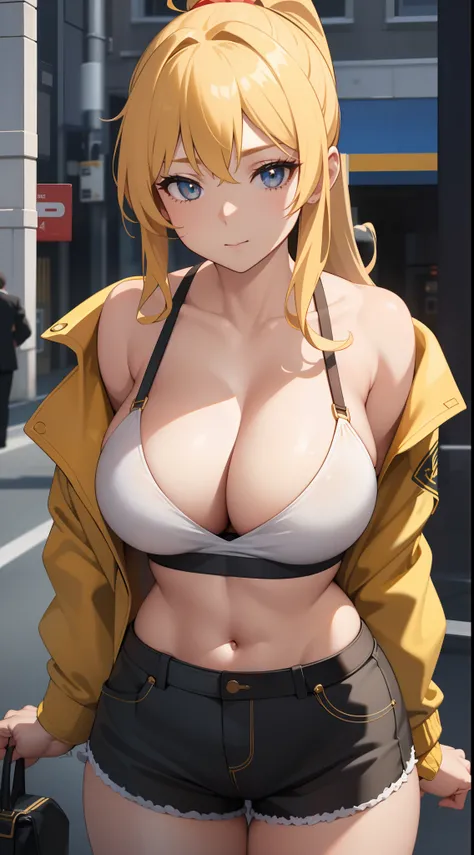 (best quality:1.5, highres, UHD, 4K, detailed lighting, shaders), blonde ponytail, large breasts, cleavage, open jacket, camisole, crop top, shorts, thighs, (pov, close shot), street background