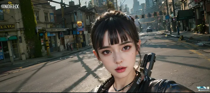 there is a woman with a gun in a street, unreal engine : : rave makeup, with very highly detailed face, makeup. unreal engine, c...