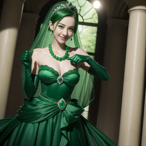 emerald tiara, Green Pearl Necklace, Boyish very short green hair, lipsticks, Japan woman smiling, very short short hair, big breasts beautiful, Green eyes, Long green gloves made of satin material, Green eyes