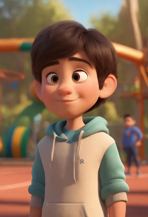 (Pixar 1.23 style) 1 boy ((upper body front, bust shot)), solo, cute kid, brunette, pretty tracksuit, boy, korean child, playground, ((masterpiece, highest quality)), (composite lighting)