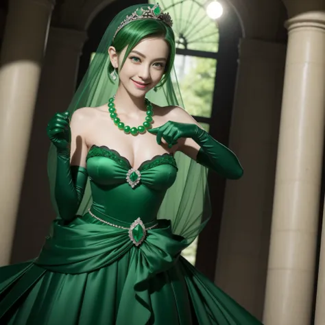 emerald tiara, Green Pearl Necklace, Boyish very short green hair, lipsticks, Japan woman smiling, very short short hair, big breasts beautiful, Green eyes, Long green gloves made of satin material, Green eyes