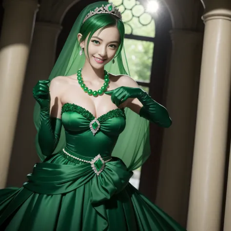 emerald tiara, Green Pearl Necklace, Boyish very short green hair, lipsticks, Japan woman smiling, very short short hair, big breasts beautiful, Green eyes, Long green gloves made of satin material, Green eyes