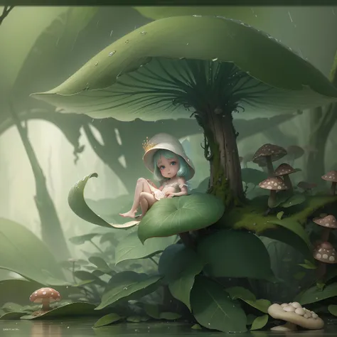 A tiny fairy princess, sheltering under a mushroom during the rain, visible heavy rain, 8k photorealistic, hyperdetailed