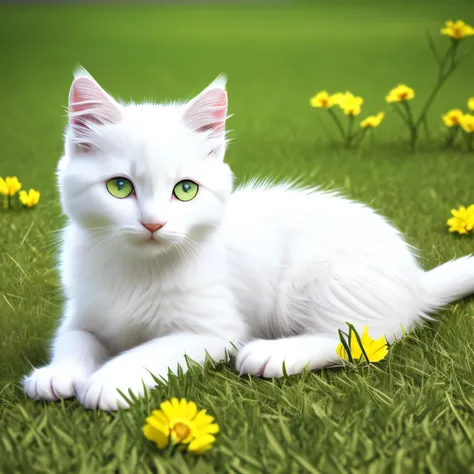 (best quality, complex details: 1.2,realistic:1.2) ,a pure white Beautiful lovly kitten siting on the grass ,kindly,movie,from right side,([yellow:blue:0.8] eyes:1.2),