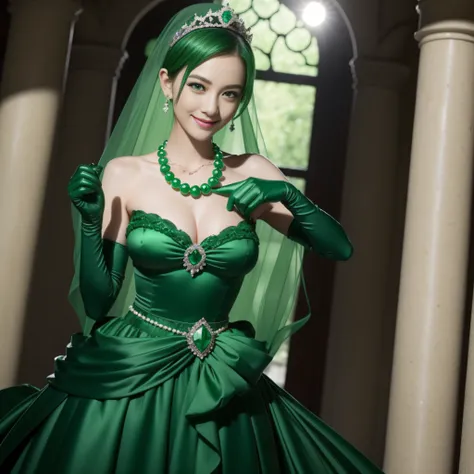 emerald tiara, Green Pearl Necklace, Boyish very short green hair, lipsticks, Japan woman smiling, very short short hair, big breasts beautiful, Green eyes, Long green gloves made of satin material, Green eyes