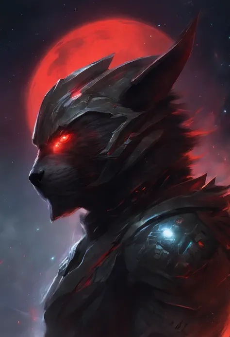 black protogen with red visor staring off into the night sky