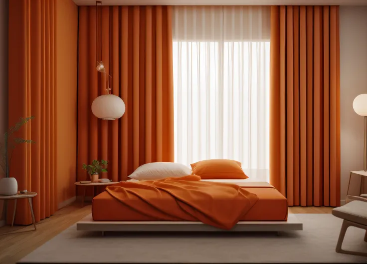 bedroom, thick curtains, photo, orange, interior, modern, (angled), (masterpiece),(high quality), best quality, real, (realistic), super detailed, (full detail),(4k),8k