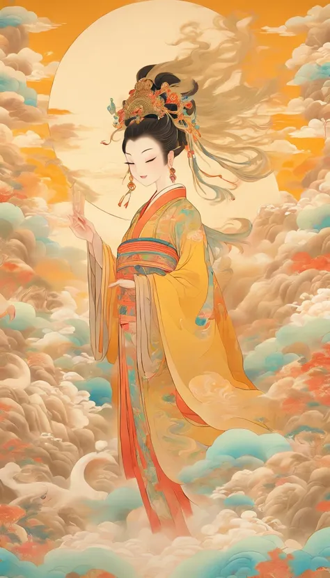 Wall paintings，Ultra-high sharpness，themoon，Grandiose scenes，Colorful colorful，Bright colors，A beautiful woman wearing a yellow silk hanfu and a golden round headdress，The facial features are delicate and beautiful，Riding on the white deer，White deer feet ...