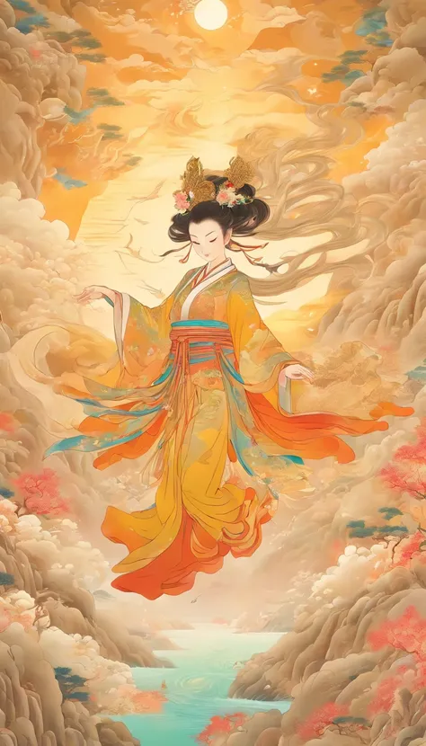 Wall paintings，Ultra-high sharpness，themoon，Grandiose scenes，Colorful colorful，Bright colors，A beautiful woman wearing a yellow silk hanfu and a golden round headdress，The facial features are delicate and beautiful，Riding on the white deer，White deer feet ...