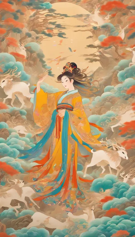 Wall paintings，Ultra-high sharpness，themoon，Grandiose scenes，Colorful colorful，Bright colors，A beautiful woman wearing a yellow silk hanfu and a golden round headdress，The facial features are delicate and beautiful，Riding on the white deer，White deer feet ...