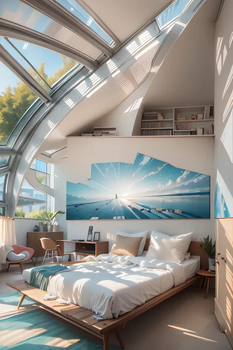 Bedrooms，There is a wall in the middle of the bedroom,The painting on the wall is in the middle, Paintings on the walls, skyscape, Large airy windows, Zaha Hadid and Santiago Calatrava landscape panoramic style, Fish, Clear light, Edge lighting, Perfect im...