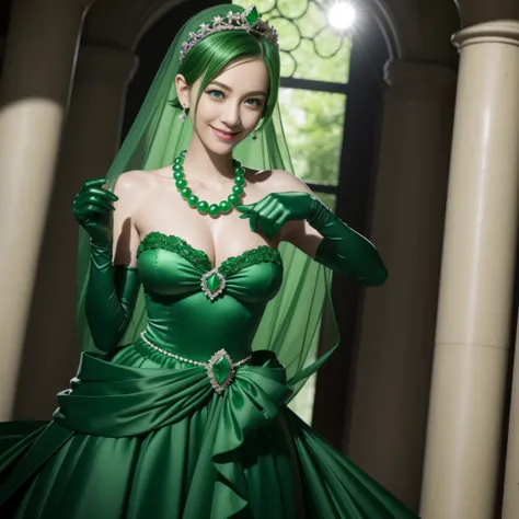 emerald tiara, Green Pearl Necklace, Boyish very short green hair, lipsticks, Japan woman smiling, very short short hair, big breasts beautiful, Green eyes, Long green gloves made of satin material, Green eyes