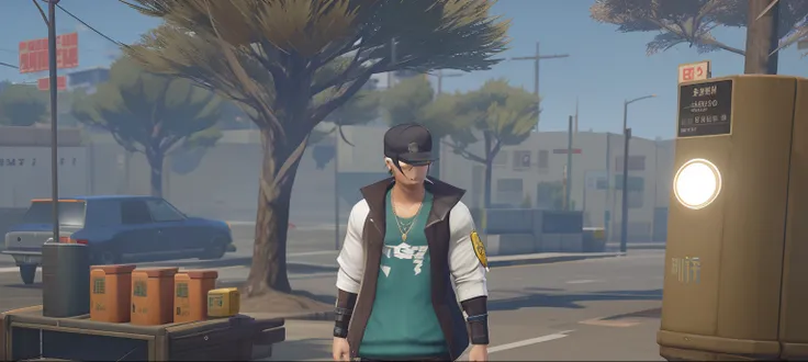 there is a man standing in a street with an umbrella, in game, in-game, in - game, ingame image, gta character, naruto in gta v, fashion gameplay screenshot, inspired by Jang Seung-eop, as a character from gtav, gta v street style, haze over the shoulder s...