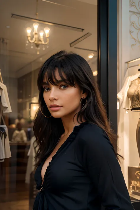 solo woman, in front of boutique, (highest quality texture), boutique store front, display windows full of interesting items, film quality, dark skinned woman dressed in high style fashion, shes in front of beautiful boutique ,soft accent candlelight in wi...