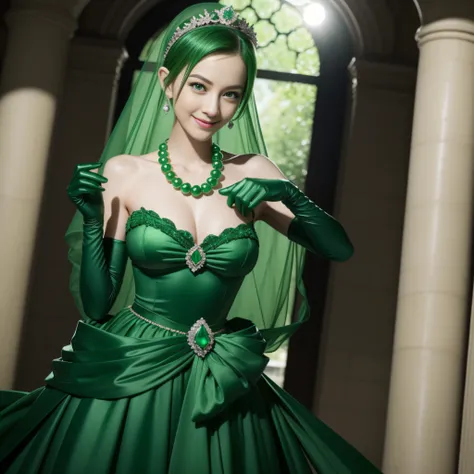 emerald tiara, Green Pearl Necklace, Boyish very short green hair, lipsticks, Japan woman smiling, very short short hair, big breasts beautiful, Green eyes, Long green gloves made of satin material, Green eyes