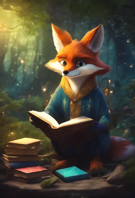 (best quality,4k,highres,masterpiece:1.2),ultra-detailed,realistic,wizard fox reading,wearing virtual reality glasses in a magical environment,illustration,magic-themed,anthropomorphic fox,wizard hat and robe,magical forest background,enchanted atmosphere,...