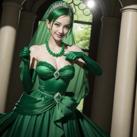 emerald tiara, Green Pearl Necklace, Boyish very short green hair, lipsticks, Japan woman smiling, very short short hair, big breasts beautiful, Green eyes, Long green gloves made of satin material, Green eyes