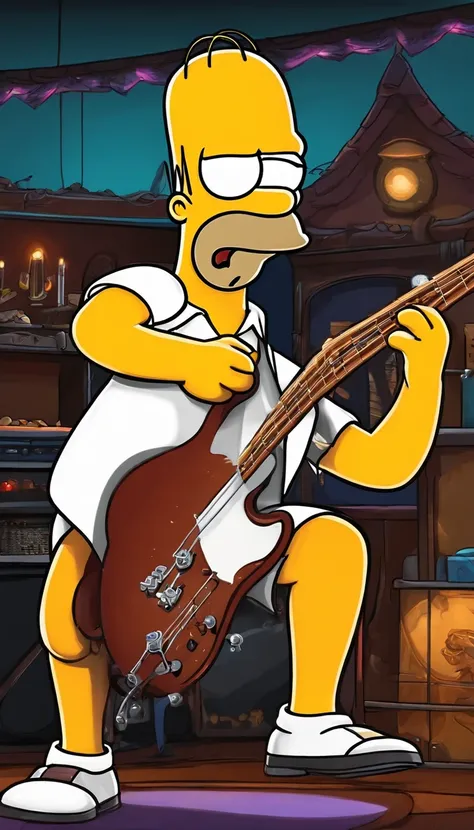 cafe shop，The Simpsons，Homer Simpson plays bass，homer simpson，dramatic lights，Dramatic colors，On stage，One guy，Play bass，The whole body of the character